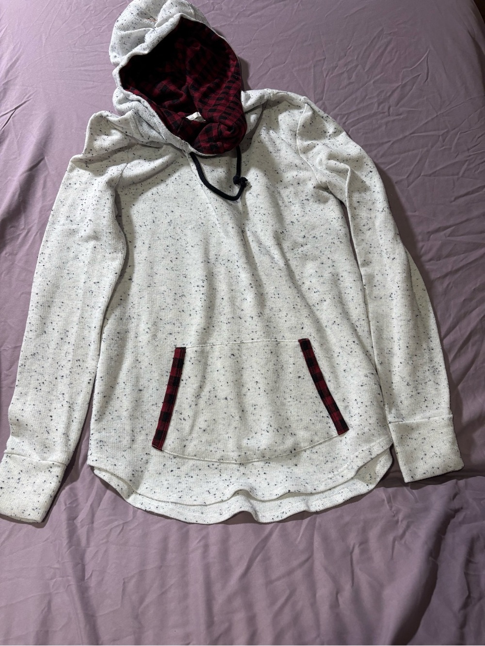 Maurices Cream Speckled Hoodie with Red Plaid Trim